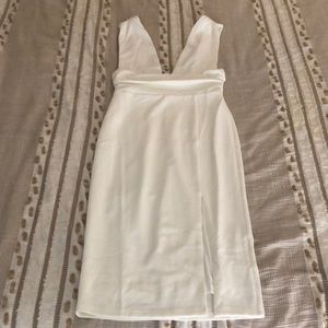 White deep V front and back short dress with slit
